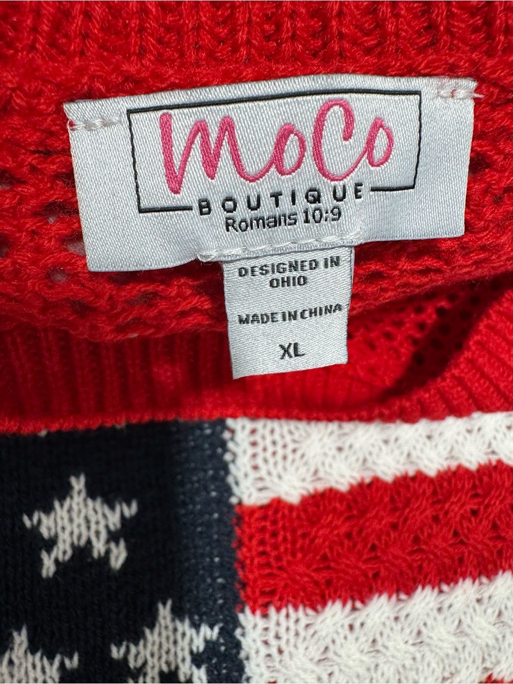 MOCO Boutique Red American Flag Patriotic Open Knit Short Sleeve Sweater Top XL - Picture 6 of 7
